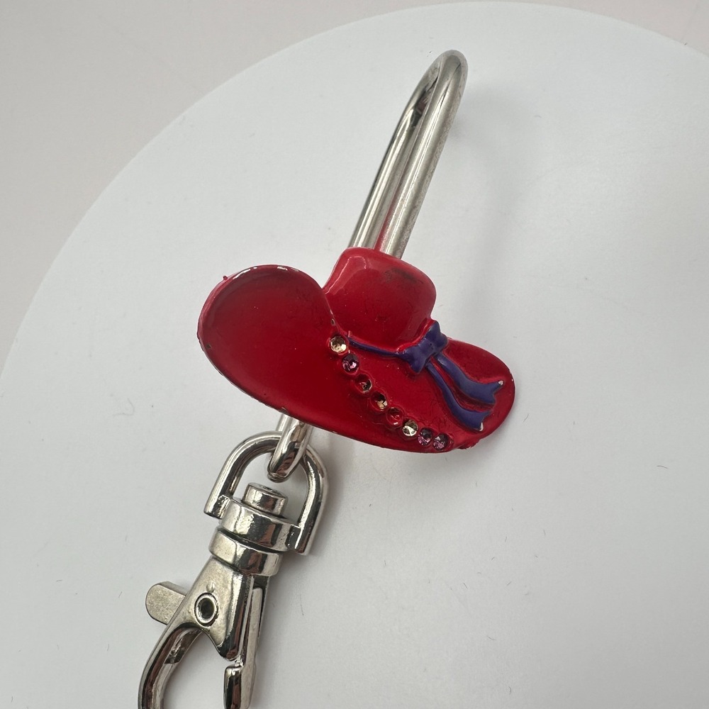 Vintage 90s Silver Tone Red Hat Society Purse Hook Key Finder Enamel Glass - Picture 4 of 7